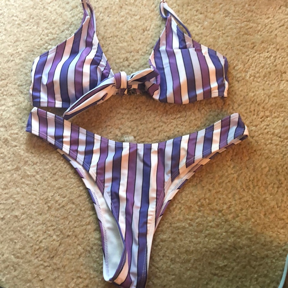 zaful purple stripe knotted bikini with high leg